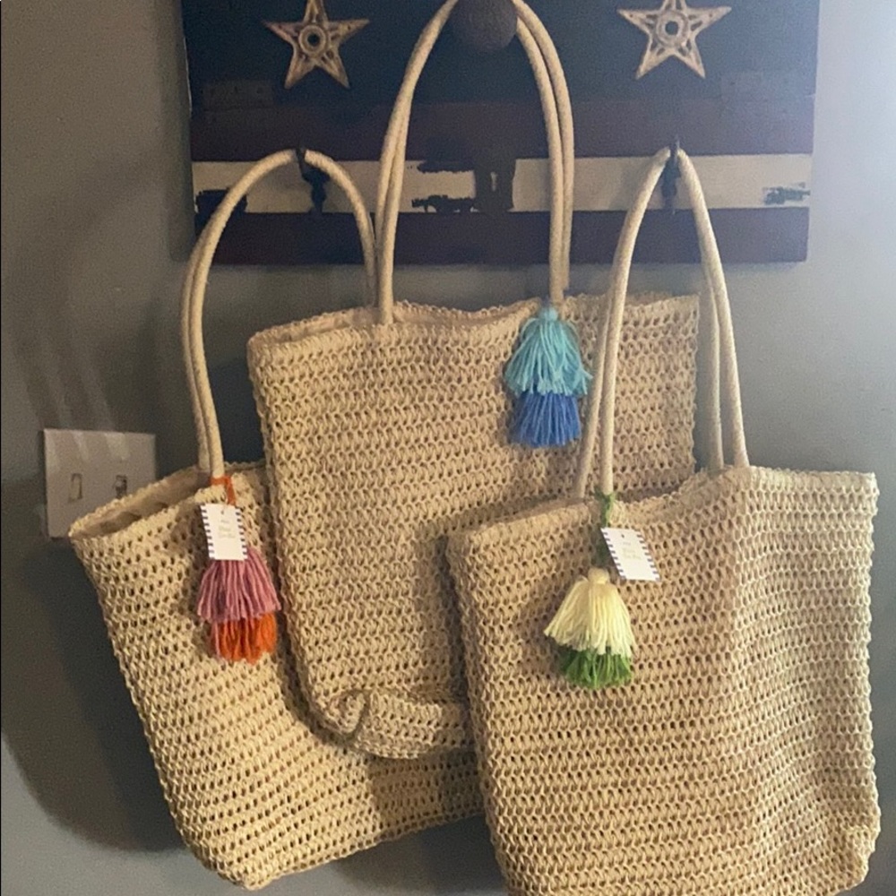 Three Woven Totes With Poms!  NWT